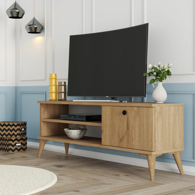 Mobiletto porta tv basso con 2 vani e anta in legno colore quercia cm 120x29x44h