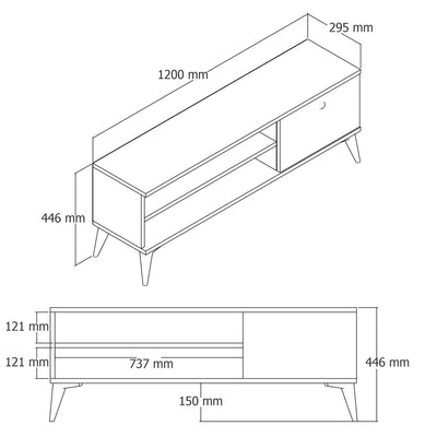 Mobiletto porta tv basso con 2 vani e anta in legno colore quercia cm 120x29x44h