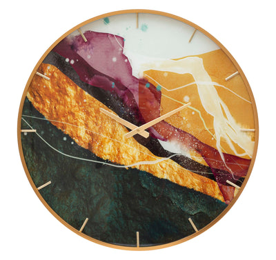 orologio design da parete tondo quadrante in legno fantasia astratta con macchie di colore oro, verde e rosso