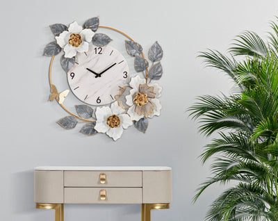 Orologio decorativo tondo in metallo 3D fiori e foglie cm 64x8x64h