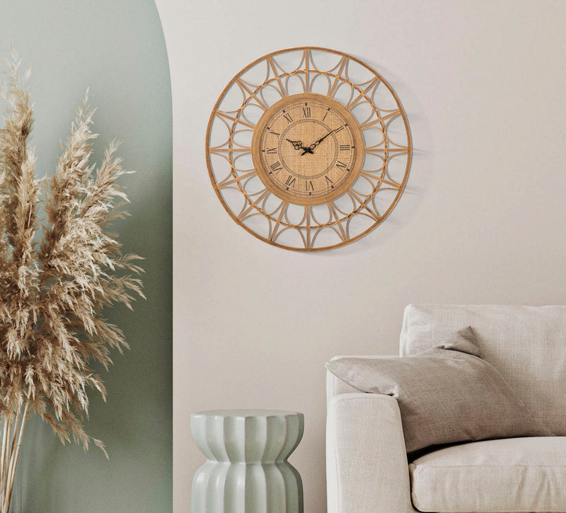 Orologio rotondo da parete effetto bambù e rattan cm 76x2