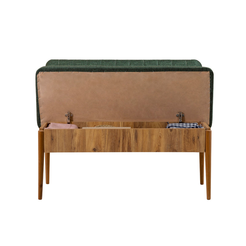Panca con contenitore in legno naturale e tessuto verde cm 110x46x85h