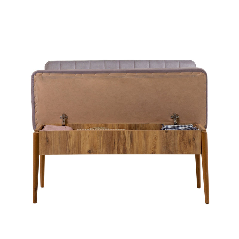 Panca in legno contenitore con schienale in legno e tessuto grigio cm 110x46x85h