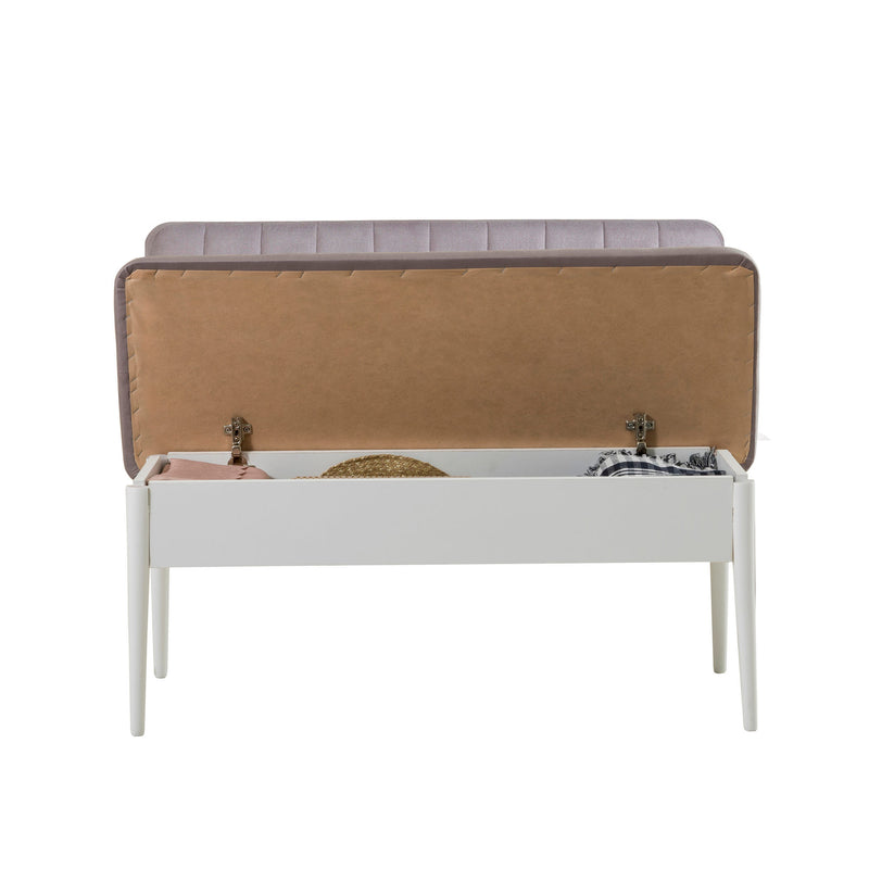 Panchina con schienale e contenitore in legno e tessuto grigio cm 110x46x85h