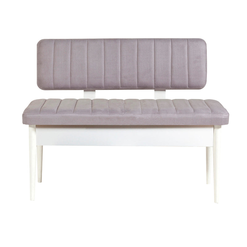 panchina moderna con schienale e vano contenitore in legno bianco rivestimento in tessuto grigio 