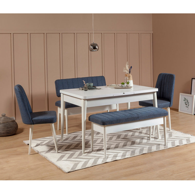 Panca con schienale e contenitore colore bianco e tessuto blu cm 110x46x85h