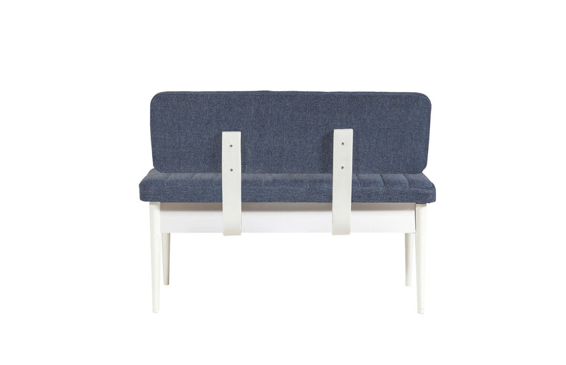 Panca con schienale e contenitore colore bianco e tessuto blu cm 110x46x85h