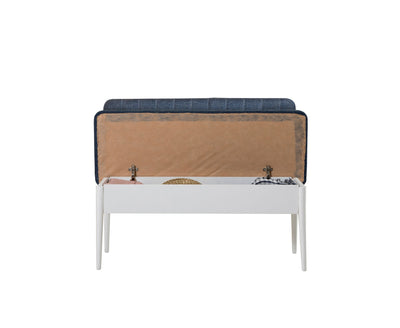 Panca con schienale e contenitore colore bianco e tessuto blu cm 110x46x85h