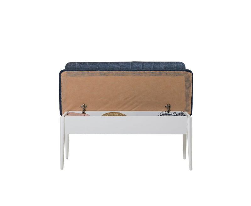 Panca con schienale e contenitore colore bianco e tessuto blu cm 110x46x85h