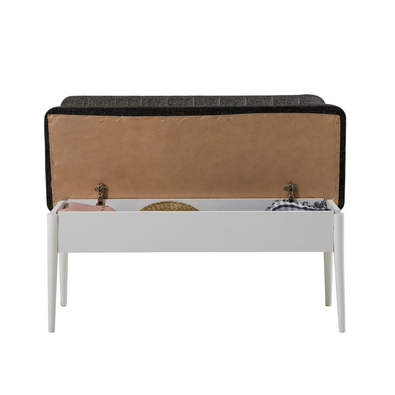 Panchina da interno con contenitore in legno bianco e tessuto antracite cm 110x46x85h