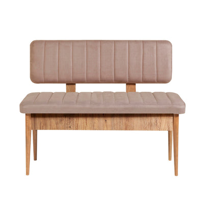 panca moderna con schienale e contenitore in legno pino atlantico seduta e schienale rivestiti in tessuto rosa antico