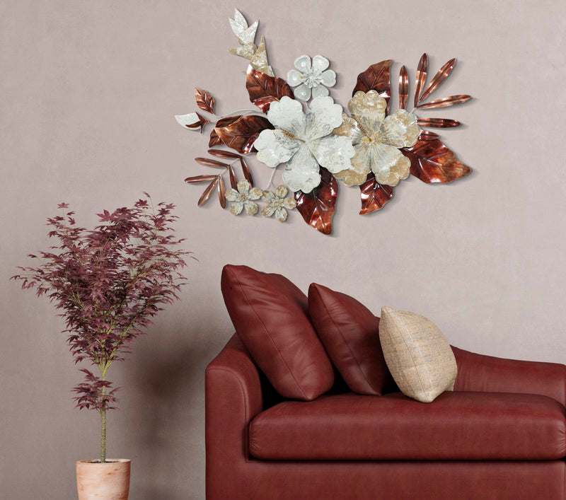 Decorazione a parete in metallo 3D fiori e foglie in metallo rosso e bianco cm 83x8x55h