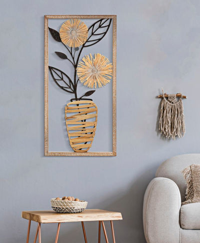 Pannello decorativo verticale quadro con vaso e fiori in metallo e rafia cm 40x3x80h