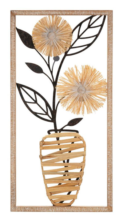 pannello verticale decorativo vaso con fiori in metallo e rafia cornice in legno