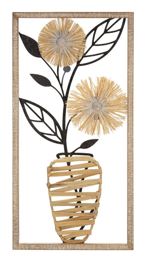 pannello verticale decorativo vaso con fiori in metallo e rafia cornice in legno