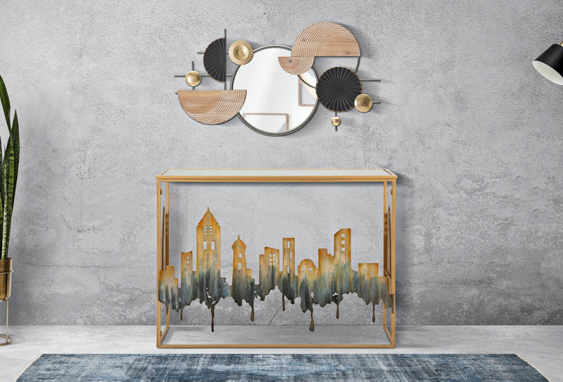 Specchio decorativo da parete tondo astratto in legno e metallo cm 90x5x50h
