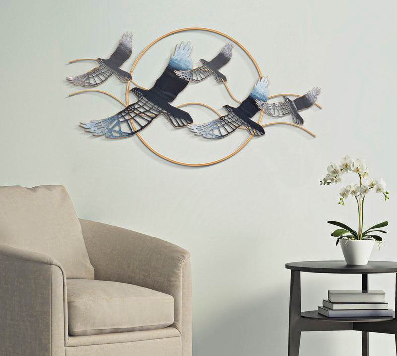 Pannello moderno da parete con uccelli in volo in metallo cm 91x7x50h