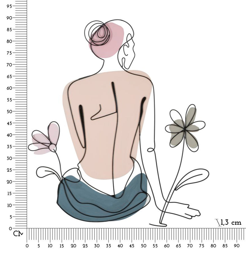 Pannello in metallo decorativo da parete con donna di schiena e fiori cm 80x1x90h