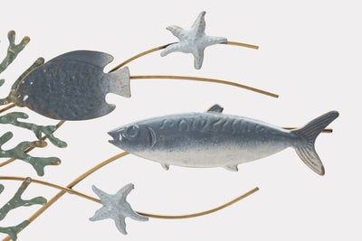 Pannello in metallo da muro stelle marine e pesci oro e blu cm 95x5x53h