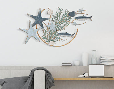 Pannello in metallo da muro stelle marine e pesci oro e blu cm 95x5x53h
