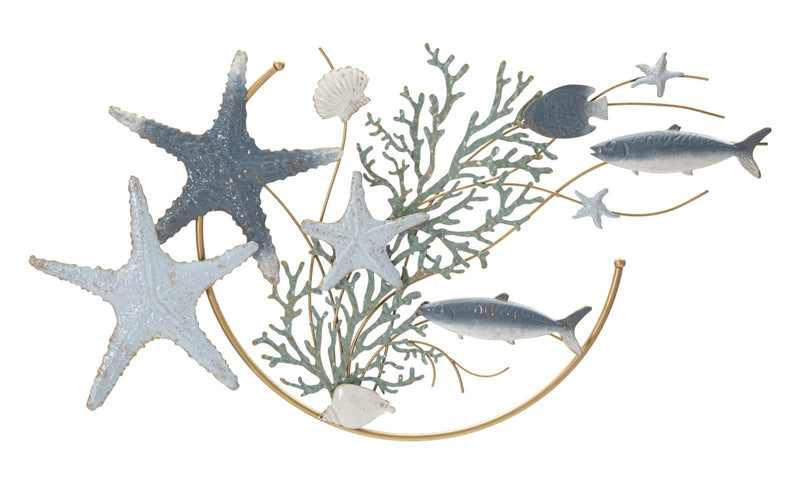 pannello moderno decorativo con stelle marine alghe e pesciolini in metallo dorato e blu