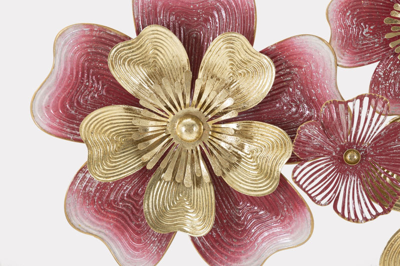 Pannello in metallo 3D design moderno con fiori rosso e oro cm 91x6x50h