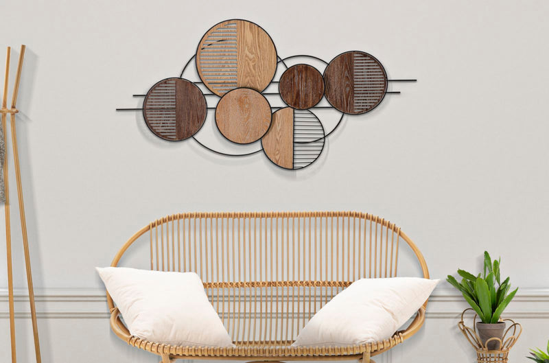 Pannello design decorativo da parete cerchi in legno e metallo cm 134x4x69h