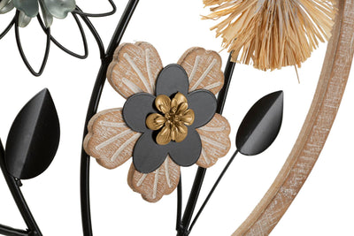 Pannello decorativo rotondo con fiori in metallo legno e rafia cm 50x3