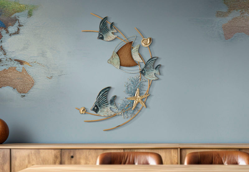 Pannello in metallo decorativo per soggiorno stile marino con pesci e stella marina cm 61x5x86h