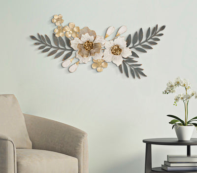Decorazione a parete moderna in metallo 3D fiori e foglie cm 90x7x42h