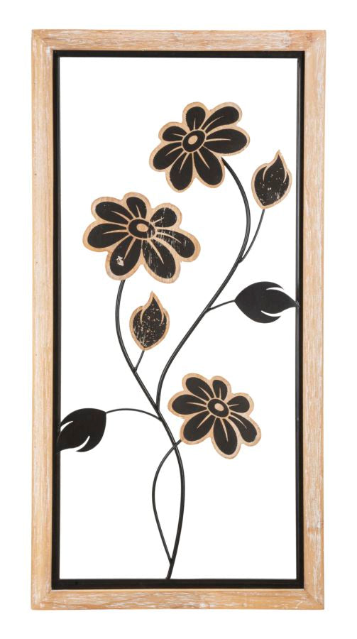 pannello moderno da parete con fiori in legno e metallo colore nero e naturale
