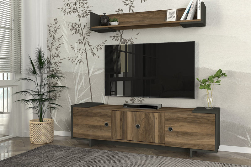 Parete attrezzata soggiorno con mobile porta TV e mensola noce e antracite cm 150x35x43h
