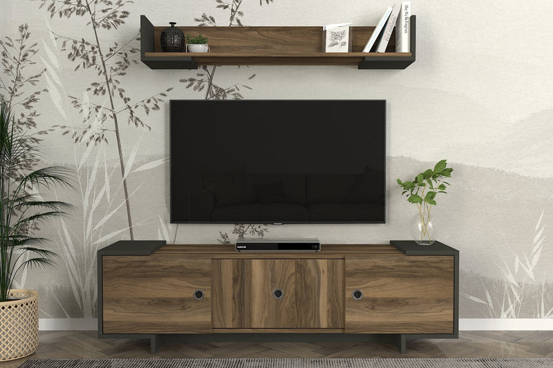 Parete attrezzata soggiorno con mobile porta TV e mensola noce e antracite cm 150x35x43h