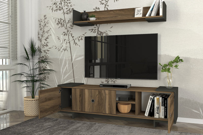 Parete attrezzata soggiorno con mobile porta TV e mensola noce e antracite cm 150x35x43h