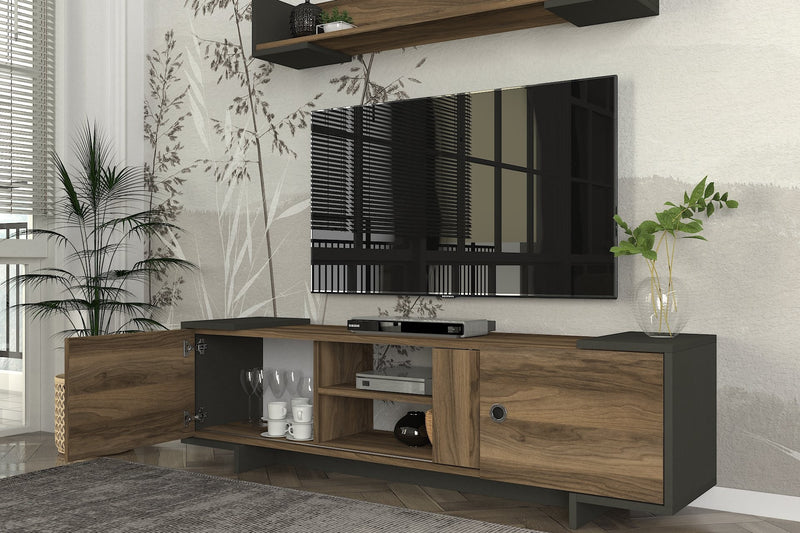 Parete attrezzata soggiorno con mobile porta TV e mensola noce e antracite cm 150x35x43h