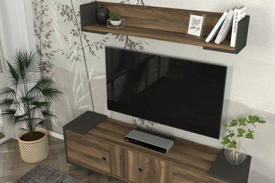 Parete attrezzata soggiorno con mobile porta TV e mensola noce e antracite cm 150x35x43h