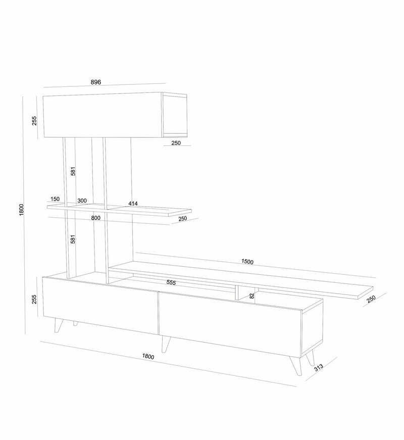 Parete attrezzata bianca e noce con pensile libreria e mobile tv cm 180x31x180h