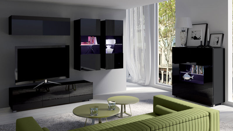 Parete living con vetrina design moderno colore nero frontali lucidi