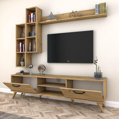Parete soggiorno con mobile tv pensili con vani e mensola in legno naturale