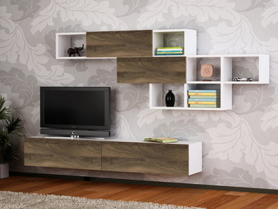 Parete attrezzata in legno stile moderno con mobile porta tv a 2 ante a ribalta e una mensola da muro con 6 vani a giorno e 2 ante a ribalta. Colori: noce scuro opaco e bianco opaco