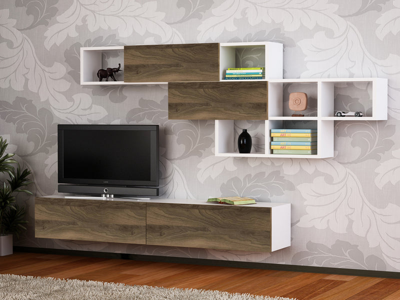 Parete attrezzata in legno stile moderno con mobile porta tv a 2 ante a ribalta e una mensola da muro con 6 vani a giorno e 2 ante a ribalta. Colori: noce scuro opaco e bianco opaco