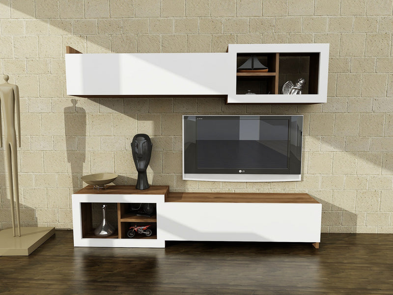 Parete attrezzata in legno moderna con mobile TV con anta a ribalta e 2 scomparti interni, con 3 vani a giorno laterali; mensola lunga da parete uguale al mobile tv. Bianco opaco e noce opaco. Dimensioni mobile tv/mensola cm 160x27x35h