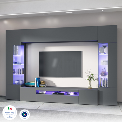 Parete attrezza spaziosa moderna grigio antracite opaco con vetrine cm 200x40x191h