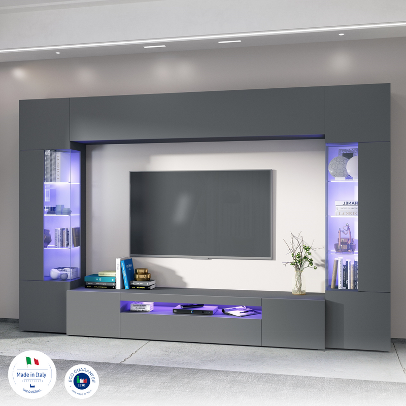 Parete attrezza spaziosa moderna grigio antracite opaco con vetrine cm 200x40x191h