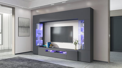 Parete attrezza spaziosa moderna grigio antracite opaco con vetrine cm 200x40x191h