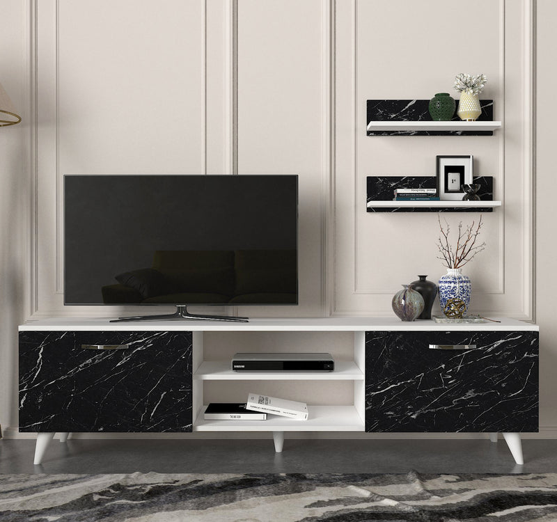 Composizione moderna bianca e nera con mobile tv e 2 mensole cm 150x29x41h