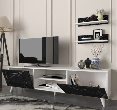 Composizione moderna bianca e nera con mobile tv e 2 mensole cm 150x29x41h