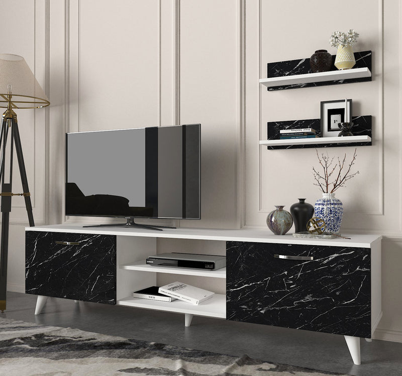 Composizione moderna bianca e nera con mobile tv e 2 mensole cm 150x29x41h