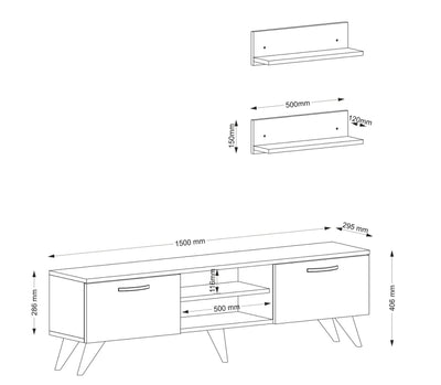 Composizione moderna bianca e nera con mobile tv e 2 mensole cm 150x29x41h