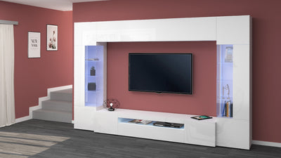 Parete attrezzata colore bianco lucido con 2 vetrine e ampio vano TV cm 200x40x191h